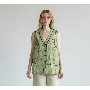 Vtg 90s Revival Folksy 100% Linen‎ Tropical Resort Top New Boho Floral M Green